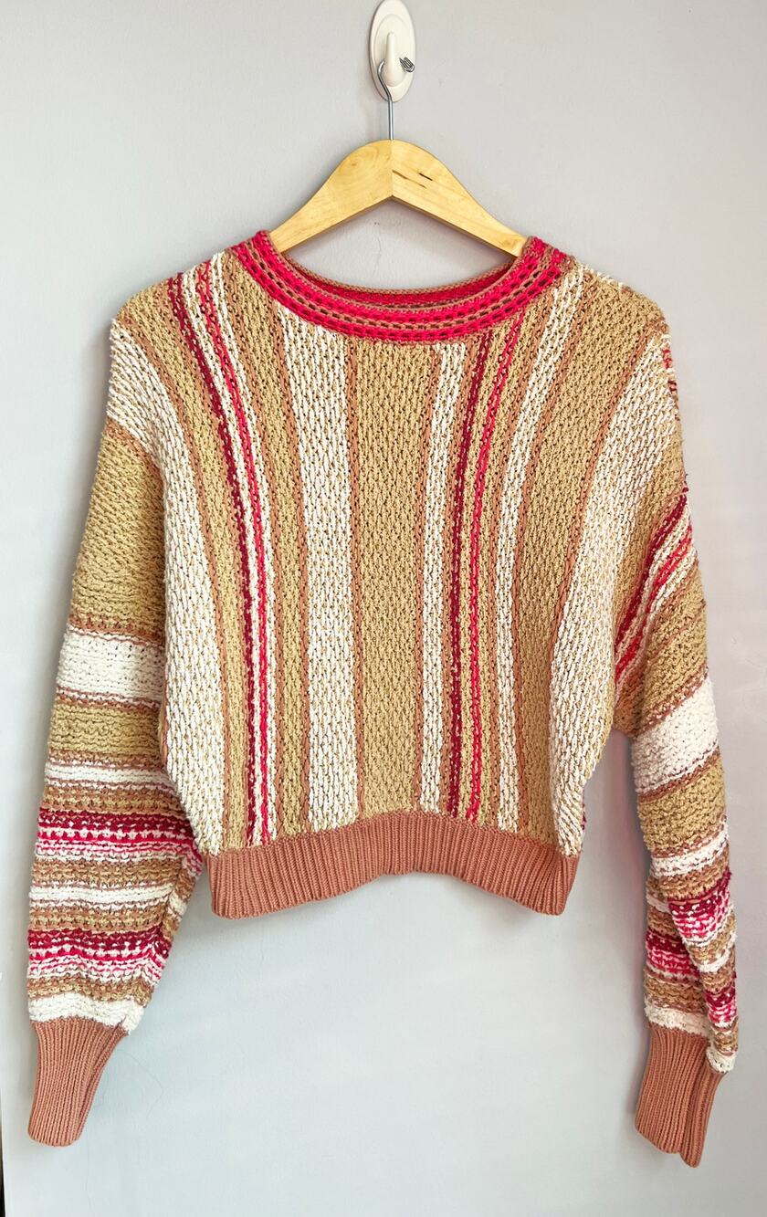 FREE PEOPLE sz S tan and pink vertical stripe chunky knit sweater EUC